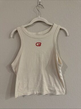 Cyclebar Cream Crop Tank with Red Logo